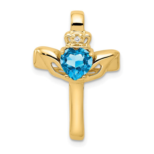 14k 6mm Claddagh Blue Topaz Natural Diamond Cross Pendant