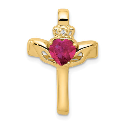 14k 6mm Claddagh Created Ruby AA Diamond Cross Pendant