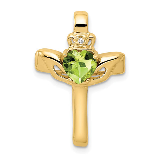 14k 6mm Claddagh Peridot AAA Diamond Cross Pendant