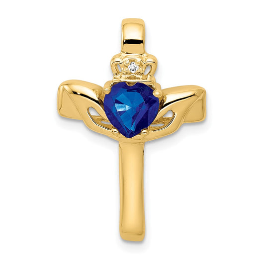 14k 6mm Claddagh Sapphire AAA Diamond Cross Pendant