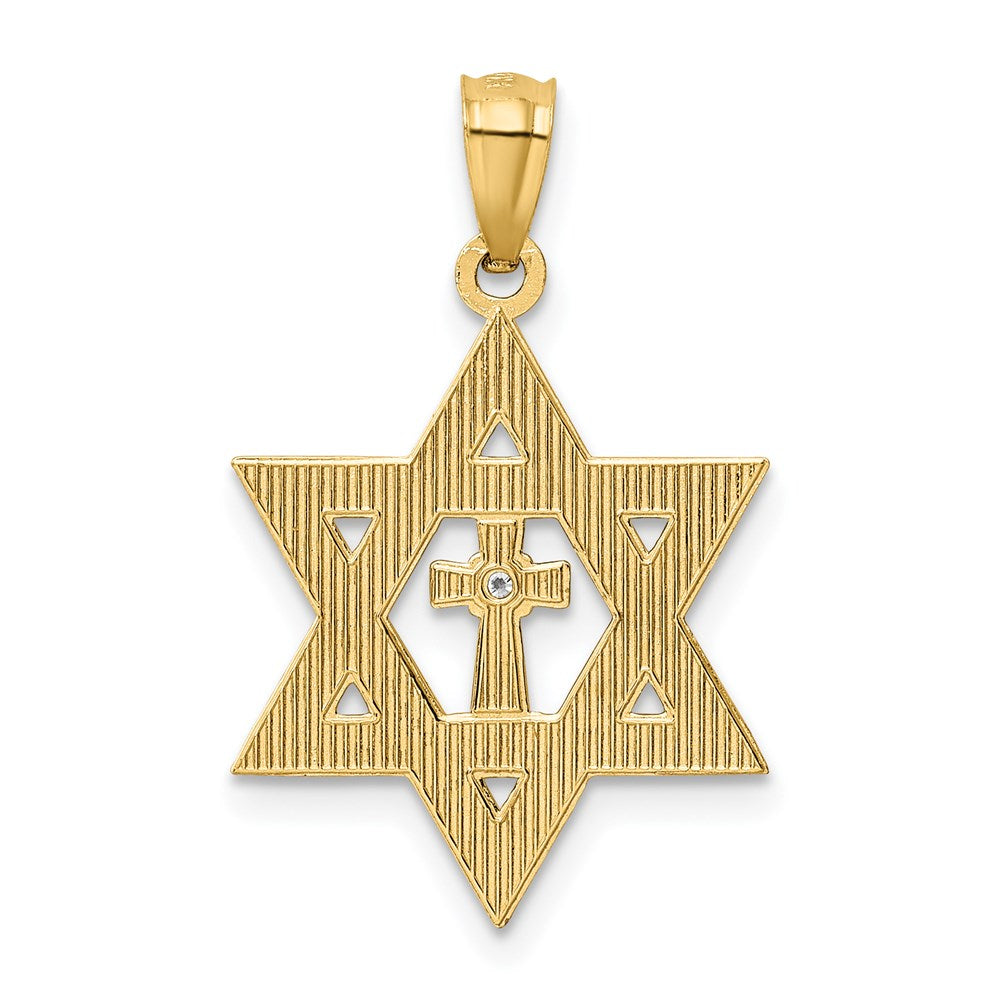 14K Gold Diamond with Rhodium Star of David with Cross Charm