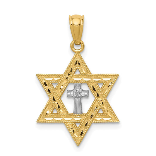 14K Gold Diamond with Rhodium Star of David with Cross Charm