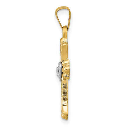 14K Diamond  Textured  Brushed and Polished Fleur de lis Cross Pendant