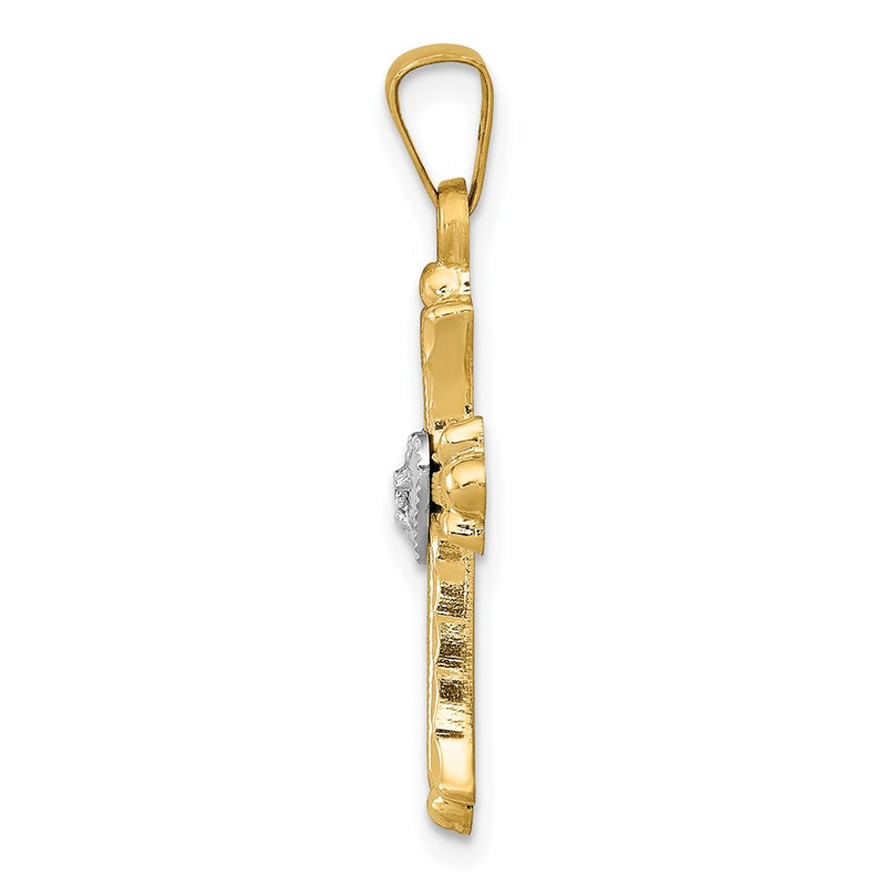 14K Diamond  Textured  Brushed and Polished Fleur de lis Cross Pendant