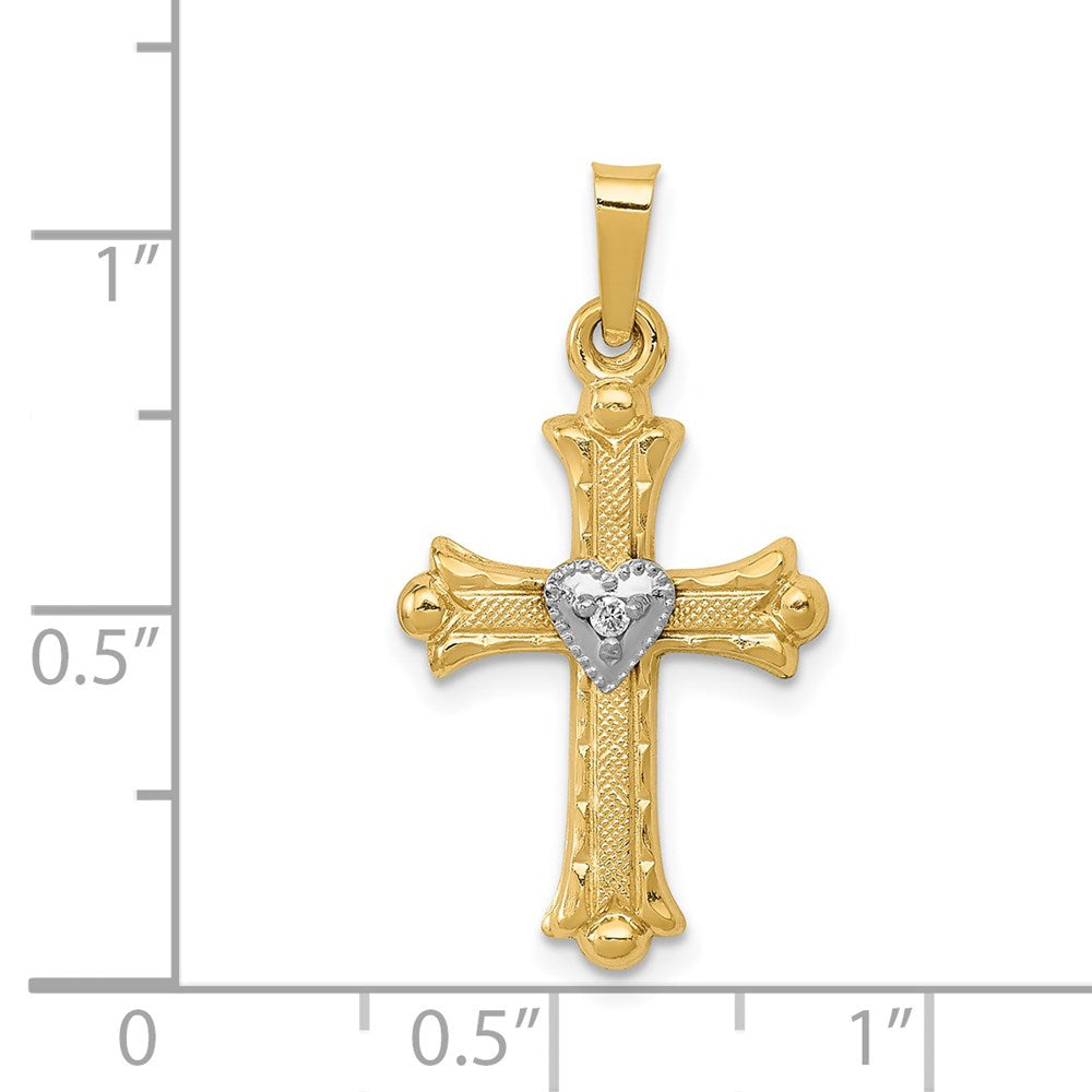 14K Diamond  Textured  Brushed and Polished Fleur de lis Cross Pendant