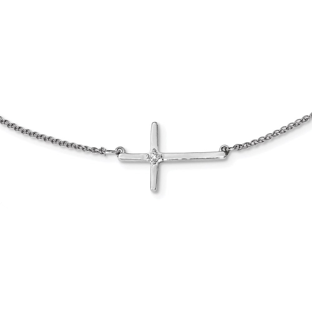 14k White Gold Diamond Sideways Cross 18in Necklace