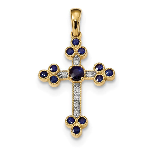 14k Yellow Gold Sapphire & Diamond Cross Pendant