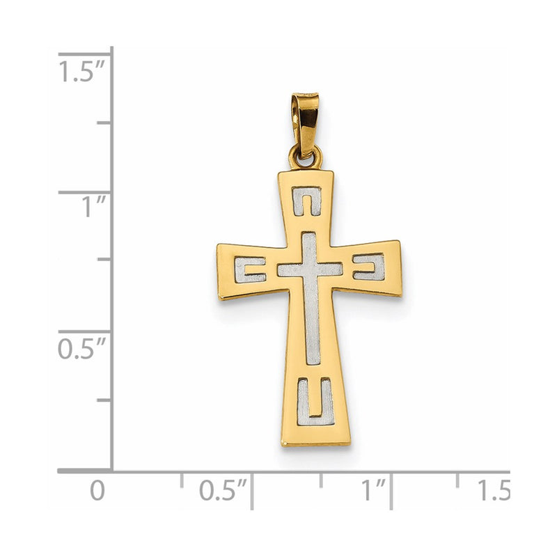 14k Yellow & Rhodium Gold w/Rhodium Polished & Satin Geometric Cross Pendant
