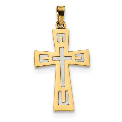 14k Yellow & Rhodium Gold w/Rhodium Polished & Satin Geometric Cross Pendant