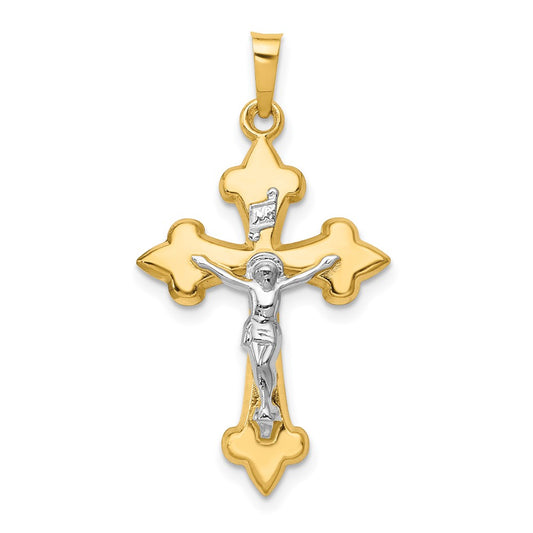 14k Two-tone Gold Polished Fleur de Lis INRI Crucifix Pendant