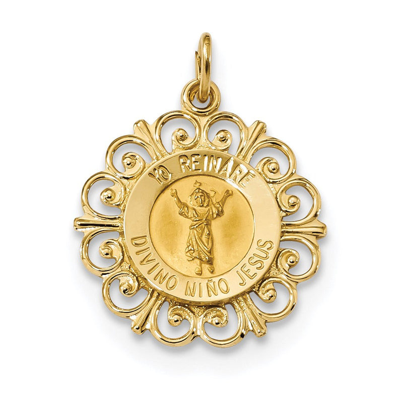 14k Yellow Gold Polished & Satin Divino Nino Round Medal Pendant