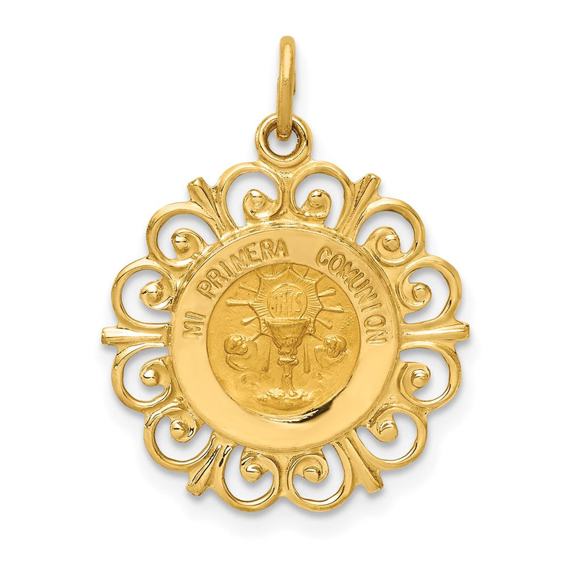 14k Yellow Gold Polished and Satin Spanish Communion Cup Medal Pendant