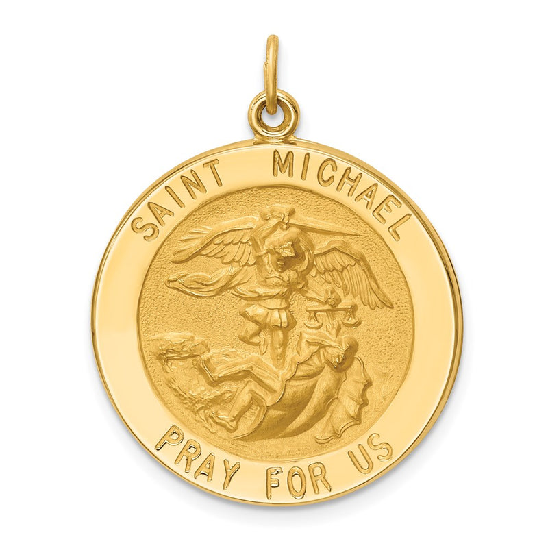 14k Yellow Gold Solid Polished/Satin Large Round St. Michael Medal
