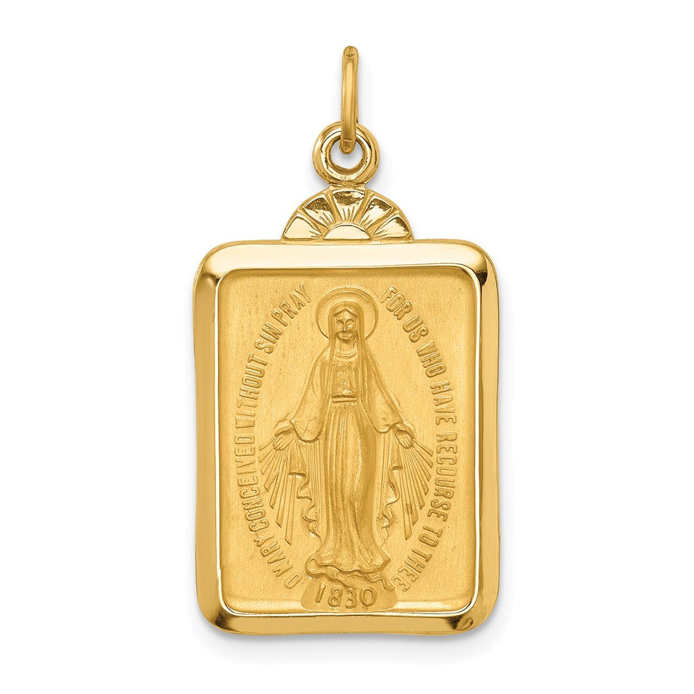 14k Yellow Gold Solid Polished/Satin Rectangle w/Fan Top Miraculous Medal