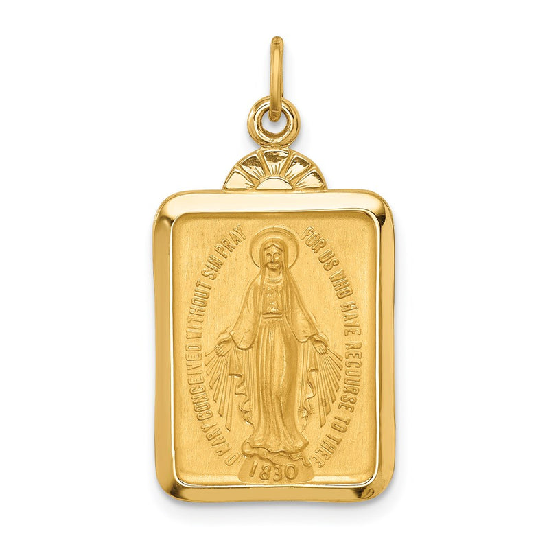 14k Yellow Gold Solid Polished/Satin Rectangle w/Fan Top Miraculous Medal