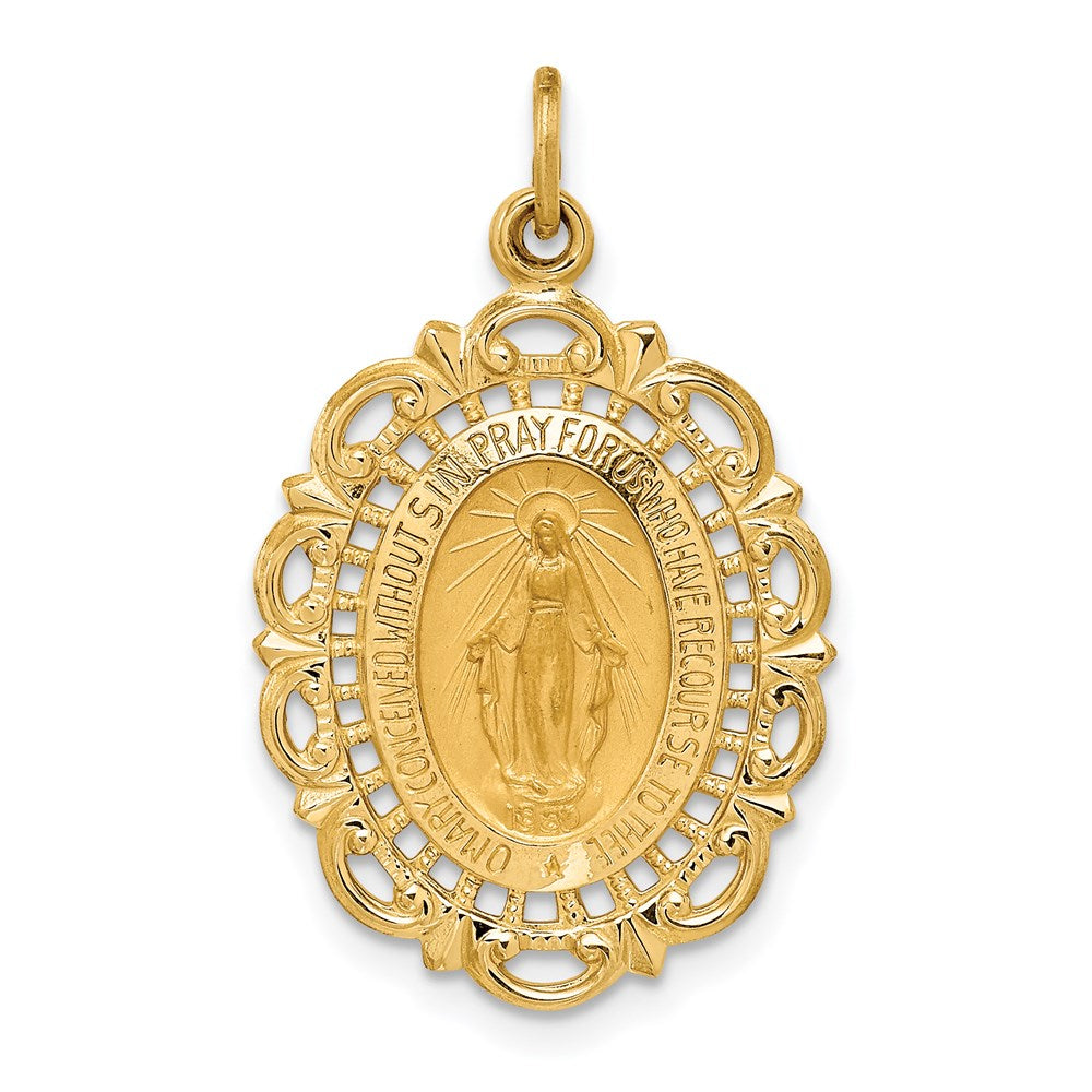 14k Yellow Gold Solid Polished/Satin Fancy Pierced Oval Miraculous Medal