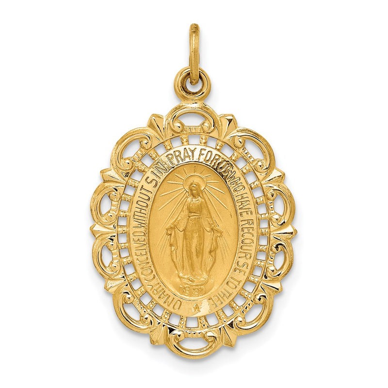 14k Yellow Gold Solid Polished/Satin Fancy Pierced Oval Miraculous Medal