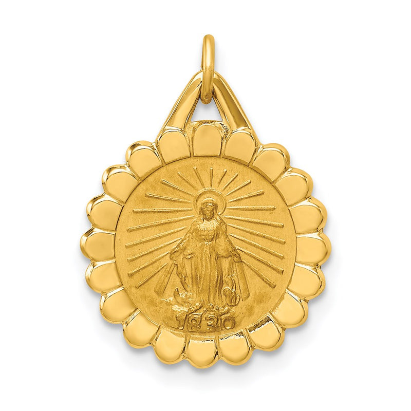 14k Yellow Gold Solid Polished/Satin Small Round Scalloped Miraculous Medal