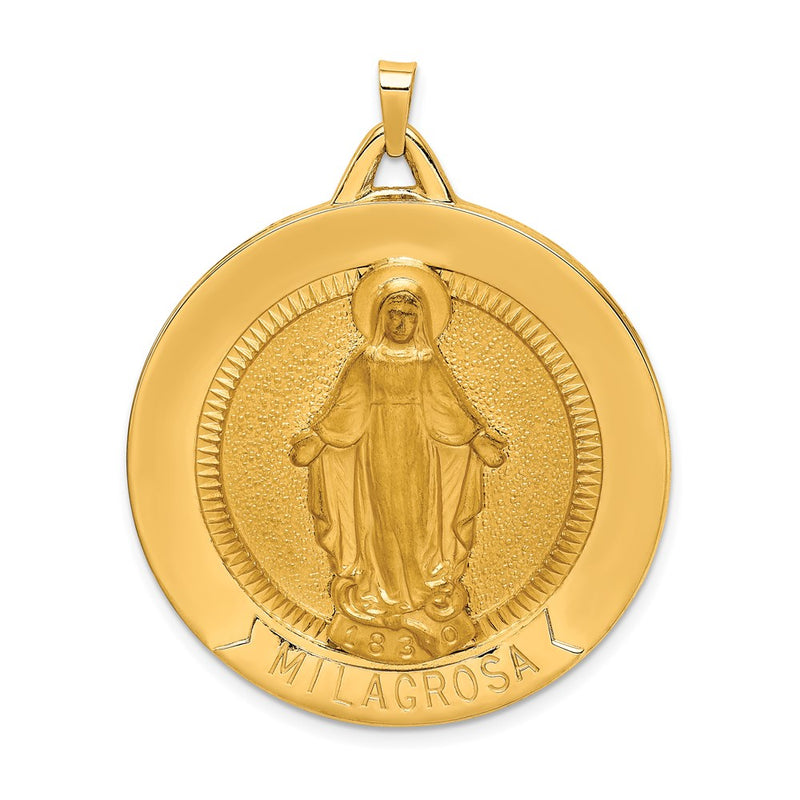 14k Yellow Gold Solid Polished/Satin Large Raised Round Milagrosa Medal