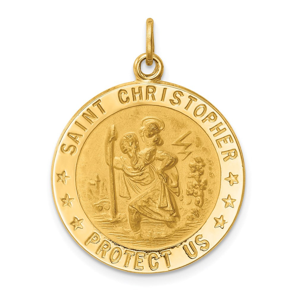 14k Yellow Gold Solid Polished/Satin Medium Round St. Christopher Medal