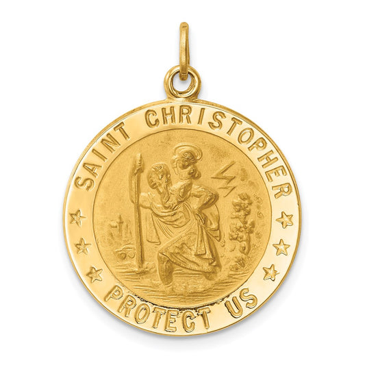 14k Yellow Gold Solid Polished/Satin Medium Round St. Christopher Medal