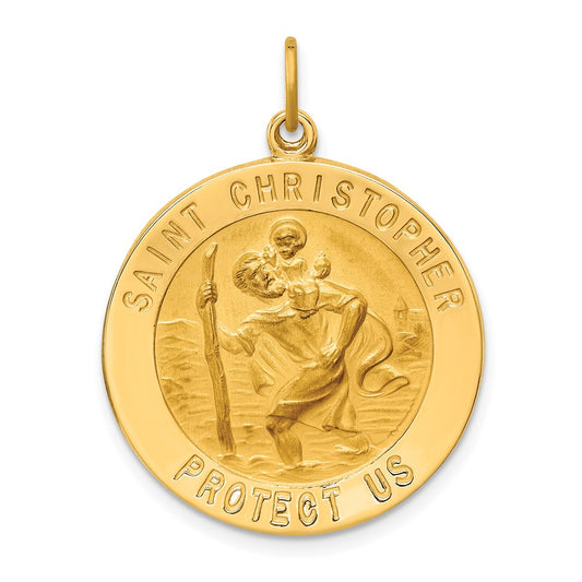 14k Yellow Gold Solid Polished/Satin Large Round St. Christopher Medal