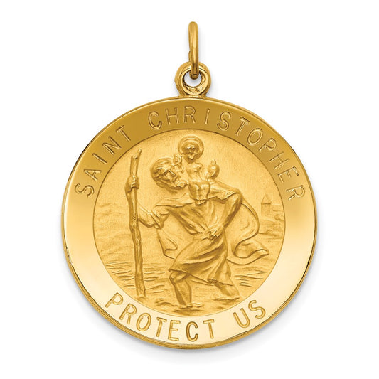 14k Yellow Gold Solid Polished/Satin Medium Round St. Christopher Medal