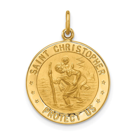 14k Yellow Gold Solid Polished/Satin Small Round St. Christopher Medal