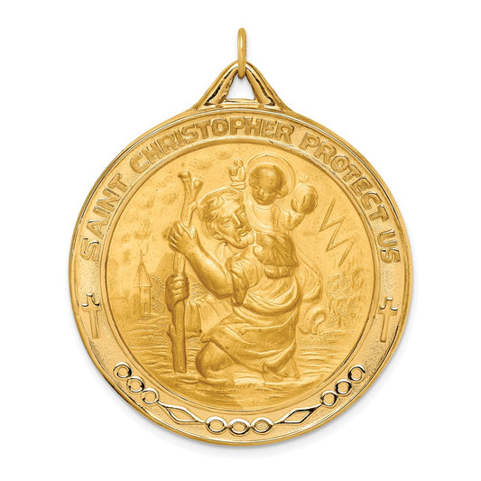14k Yellow Gold Solid Polished/Satin Extra Large Round St. Christopher Medal