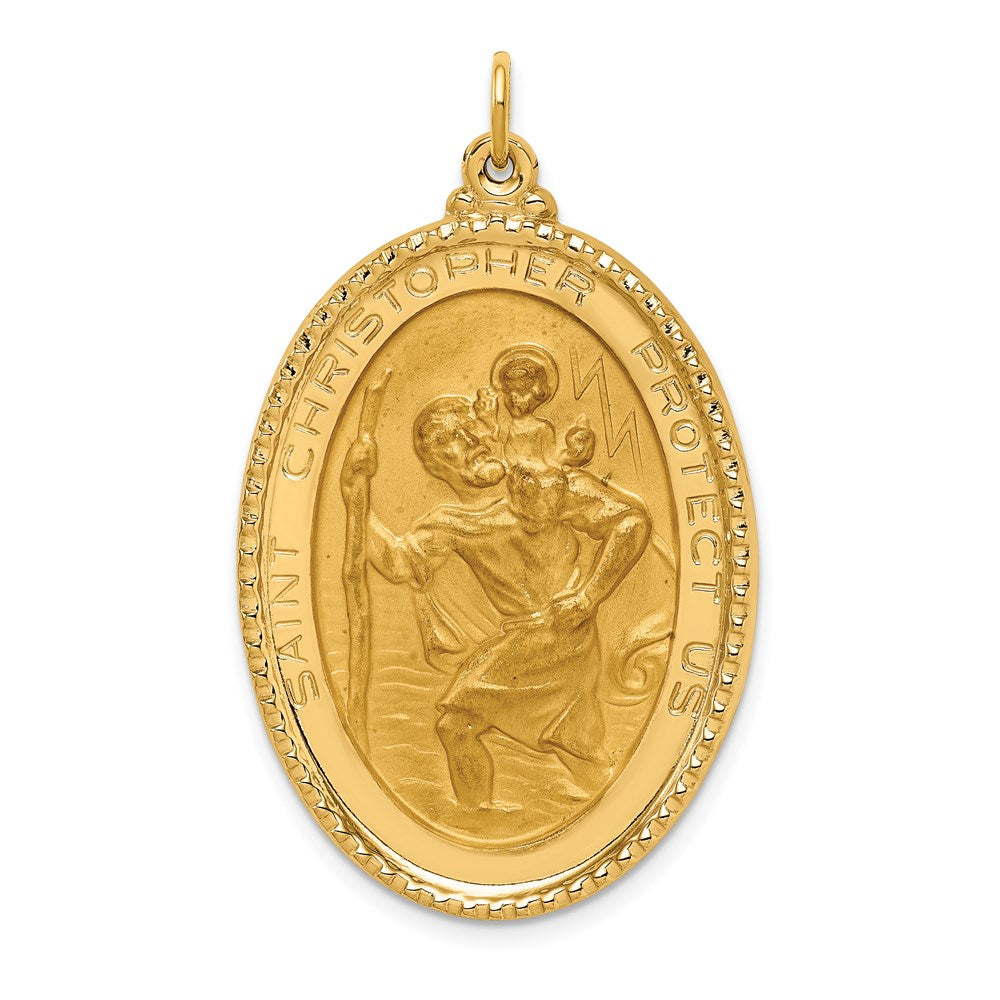 14k Yellow Gold Solid Polished/Satin Beaded Edge St. Christopher Medal