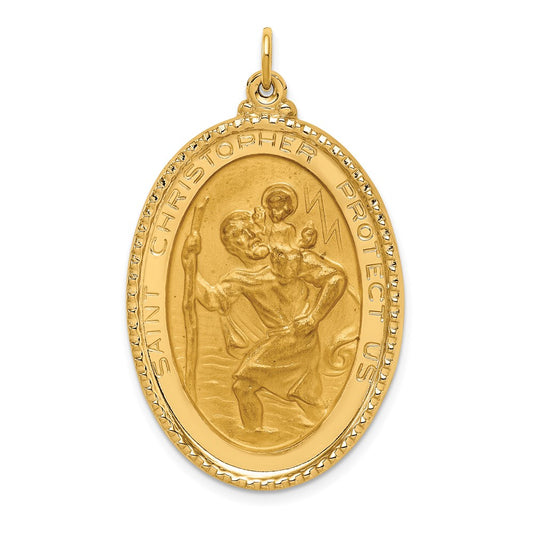 14k Yellow Gold Solid Polished/Satin Beaded Edge St. Christopher Medal