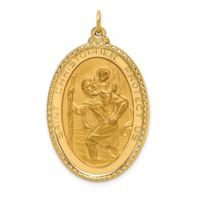 14k Yellow Gold Solid Polished/Satin Beaded Edge St. Christopher Medal