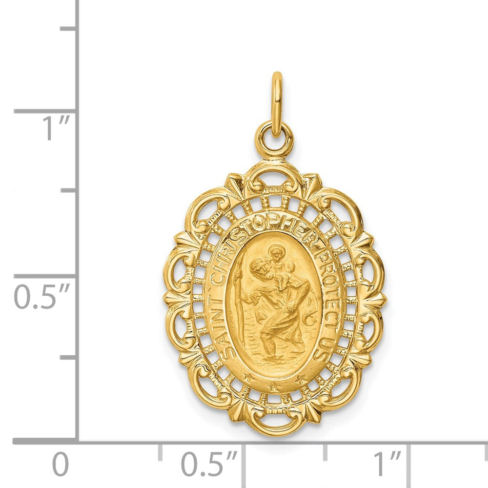 14k Yellow Gold Solid Polished/Satin Medium Fancy Pierced Oval St. Christopher Medal