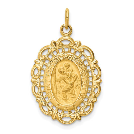14k Yellow Gold Solid Polished/Satin Medium Fancy Pierced Oval St. Christopher Medal