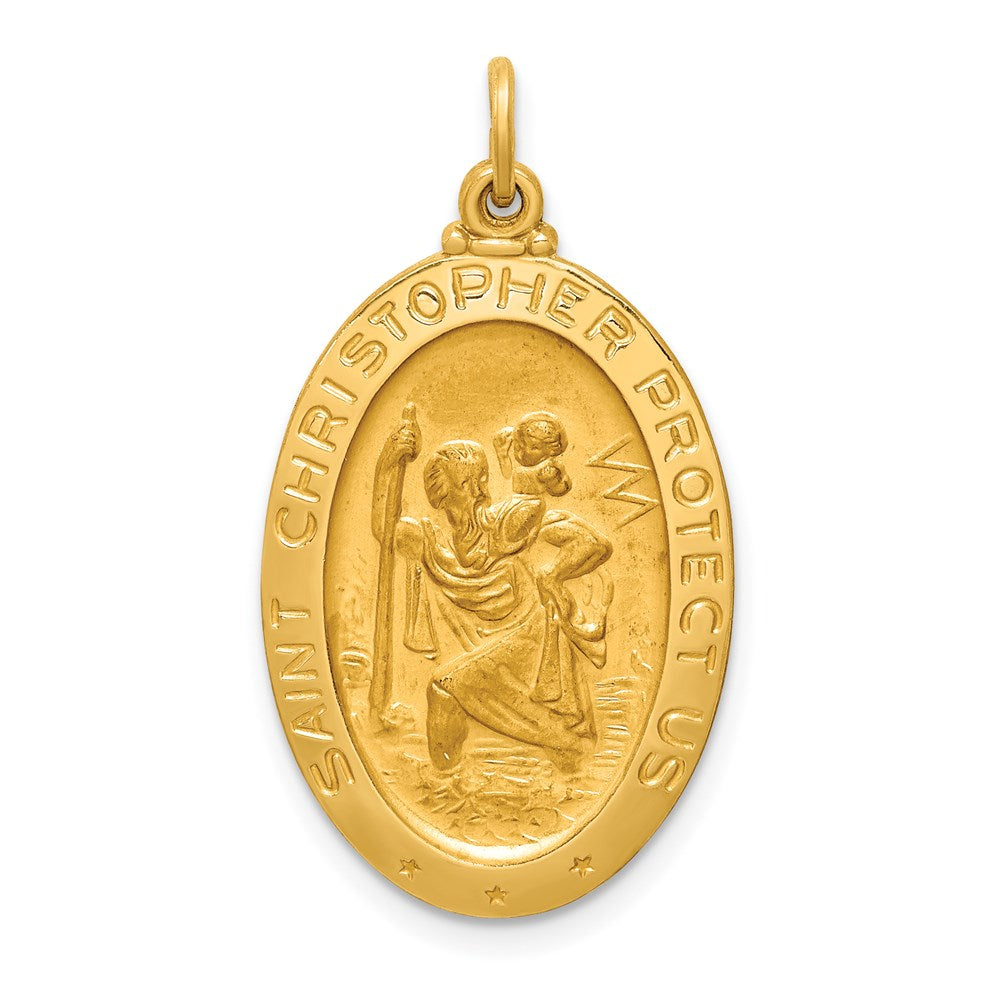 14k Yellow Gold Solid Polished/Satin Medium Oval St. Christopher Medal