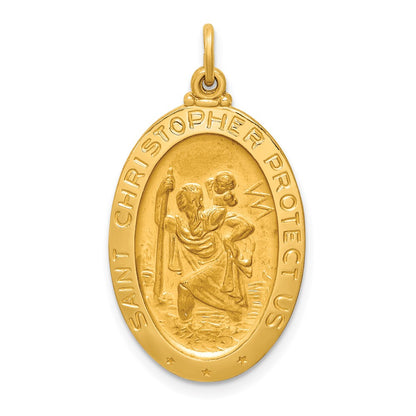 14k Yellow Gold Solid Polished/Satin Medium Oval St. Christopher Medal