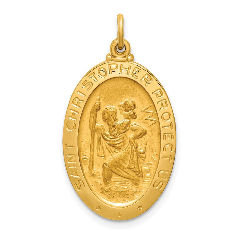 14k Yellow Gold Solid Polished/Satin Medium Oval St. Christopher Medal