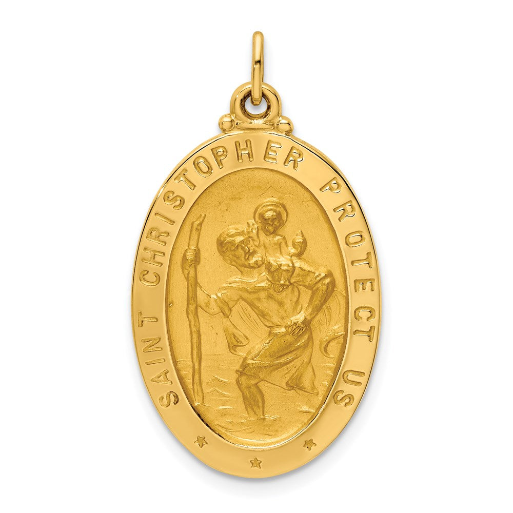 14k Yellow Gold Solid Polished/Satin Medium Oval St. Christopher Medal