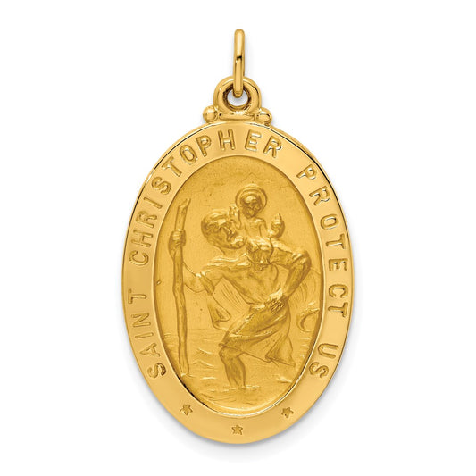 14k Yellow Gold Solid Polished/Satin Medium Oval St. Christopher Medal