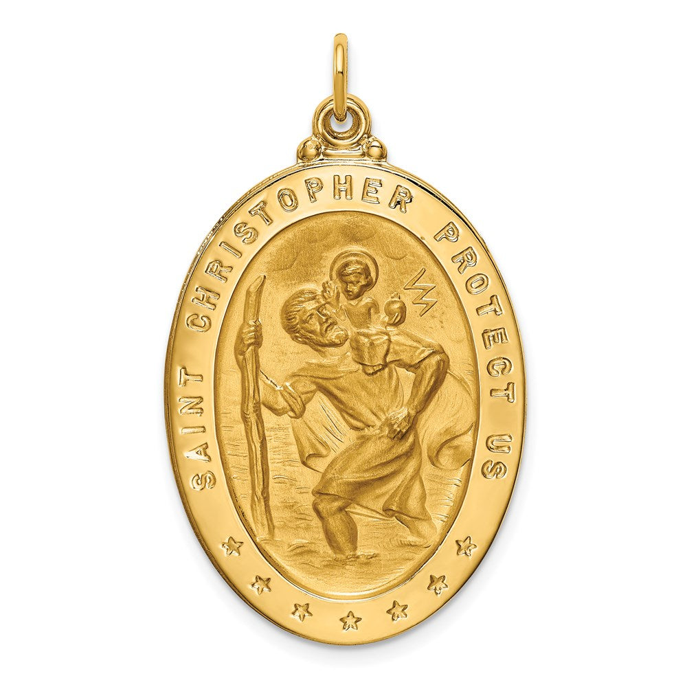 14k Yellow Gold Solid Polished/Satin Large Oval St. Christopher Medal