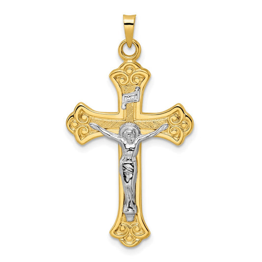 14k Two-tone Gold Polished Solid INRI Fleur de Lis Crucifix Pendant