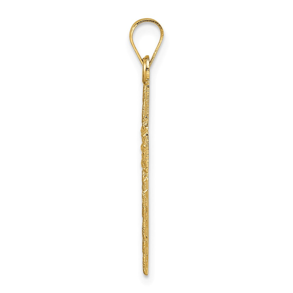 14k Yellow Gold Polished Wood Texture Solid Cross Pendant