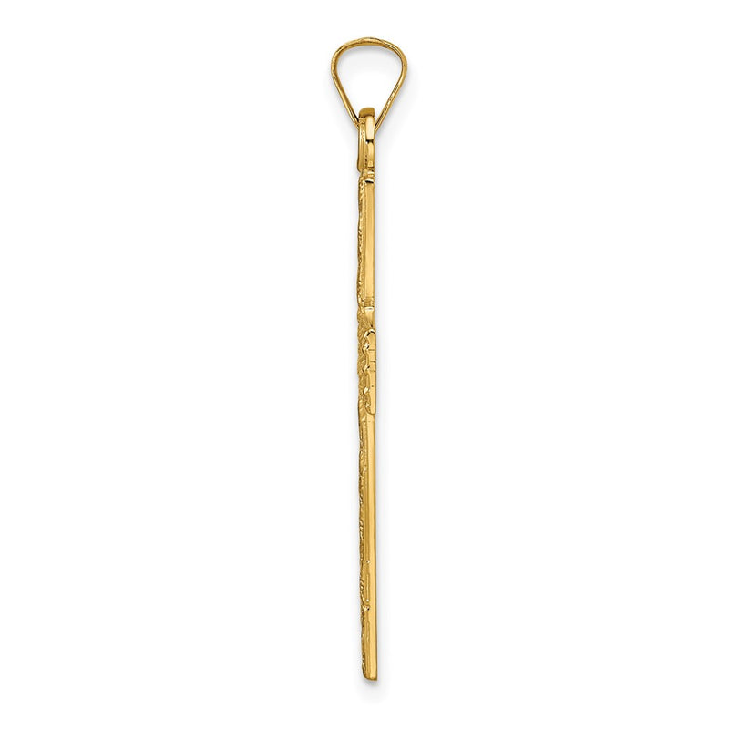 14k Yellow Gold Polished Wood Texture Solid Cross Pendant