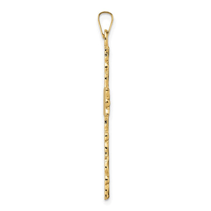 14k Yellow Gold Polished and Textured Floral Solid Cross Pendant