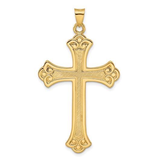 14k Yellow Gold Polished and Textured Solid Fleur de Lis Cross Pendant