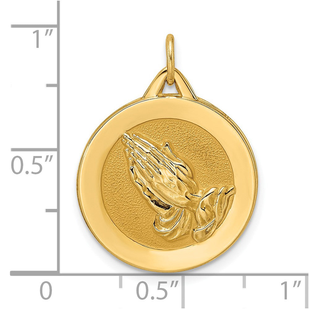 14k Yellow Gold Polished and Satin Solid Praying Hands Disc Pendant