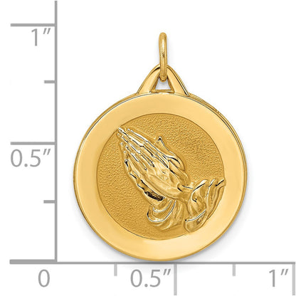 14k Yellow Gold Polished and Satin Solid Praying Hands Disc Pendant