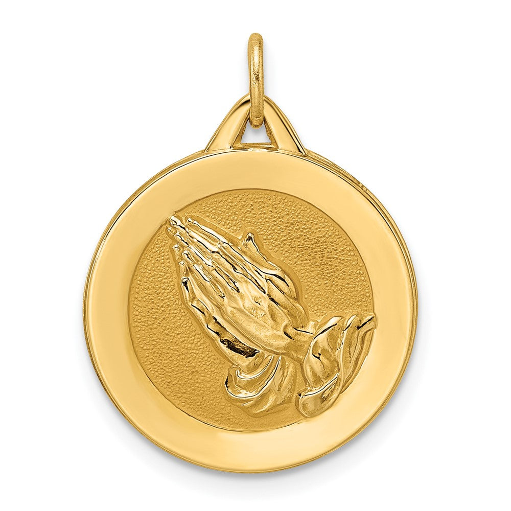 14k Yellow Gold Polished and Satin Solid Praying Hands Disc Pendant