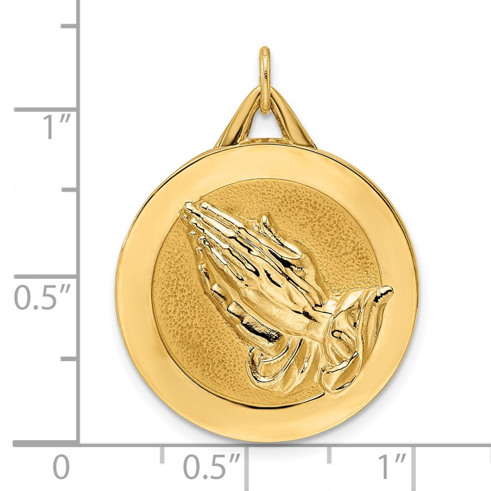 14k Yellow Gold Polished and Satin Solid Praying Hands Disc Pendant