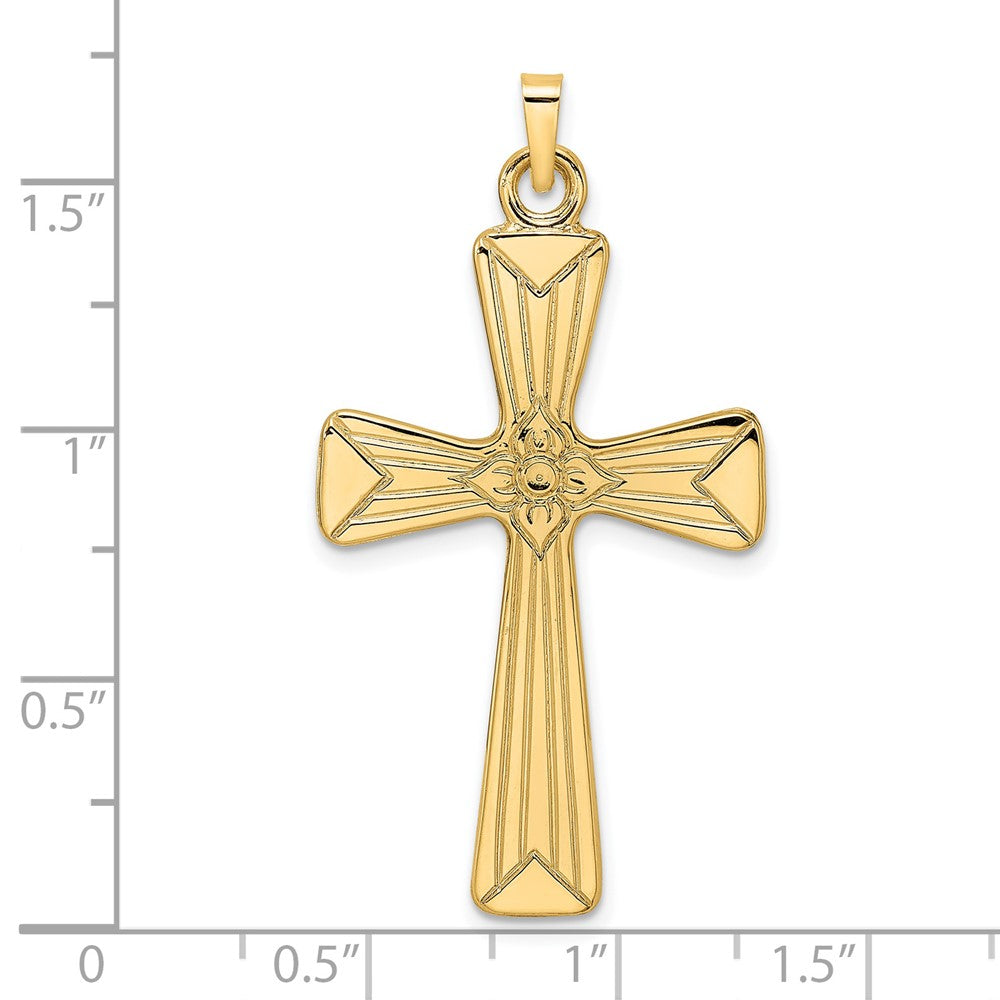 14k Yellow Gold Polished Center Flower Solid Cross Pendant